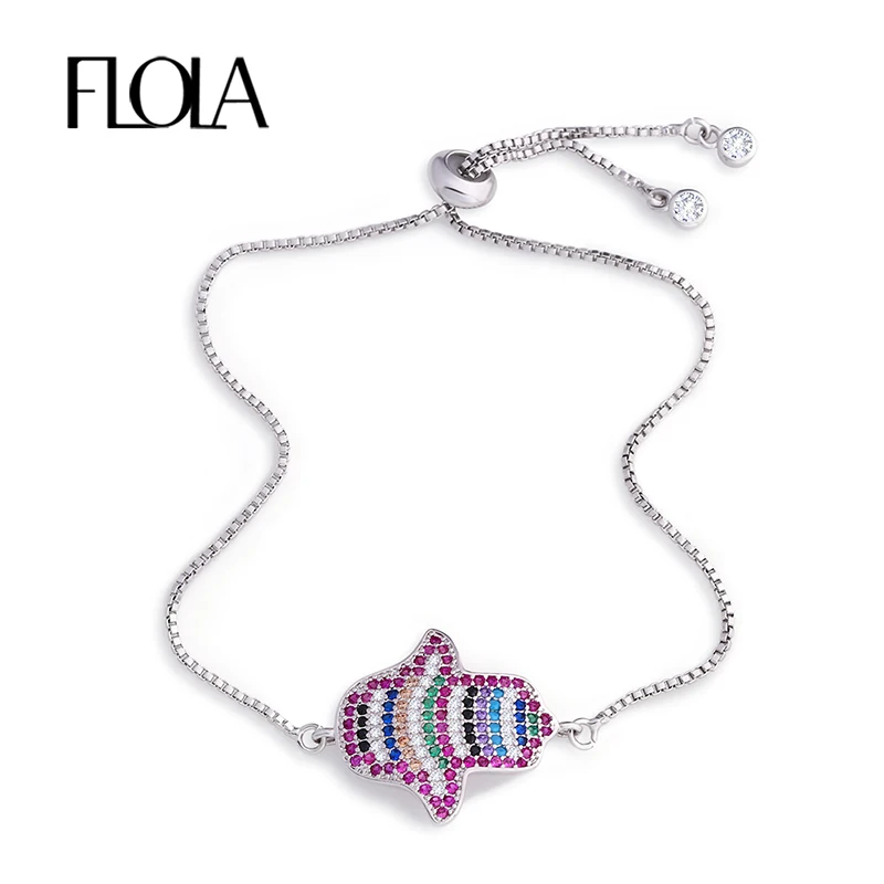 

FLOLA Colorful Zircon Hamsa Charm Bracelet Fashion Silver Chain Fatima Hand Adjustable Bracelet For Women Party Gift brta11