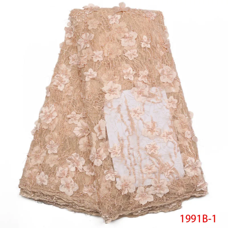 

African Laces Embroidered Fabrics African Handmade Beads Tulle Lace Fabric Beautiful 3d Flowers Tulle Lace Fabric APW1991B-1