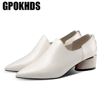 

GPOKHDS 2019 women Pumps soft Cow leather autumn spring zippers Rome style beige color pointed toe high heels pumps size 34-42