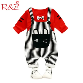 

R&Z Baby Clothing Set 2018 Spring New Children's Suit Korean Cartoon Long Sleeved T-shirt + Stripe Strap Pants 2pcs Kids Clothes