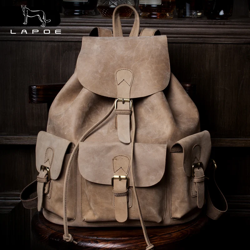 

LAPOE High Quality Genuine Leather Vintage Fashion Crazy Horse Leather Backpack Women Men Backpack Shoulder Bags For Men Women