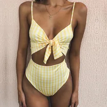 2018 Europe and America sexy wave print chest tie women's swimwear new split swimsuit halter bikini bule sexy self tie swimwear with padded chest