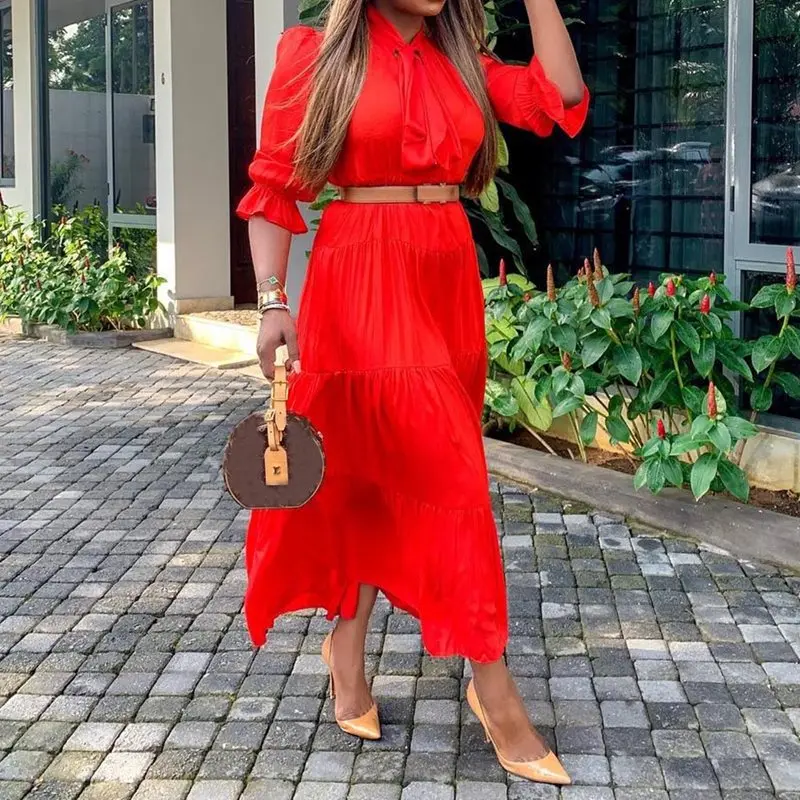 

Summer Sweet Elegant Party Plus Size Casual Women Midi Dresses Red Aline Plain 2019 Travel Beach Boho African Fashion Dress