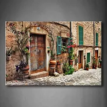 Улицы старого средиземноморского города цветок двери окна стены художественная картина Печать холст архитектура картина для домашнего декора