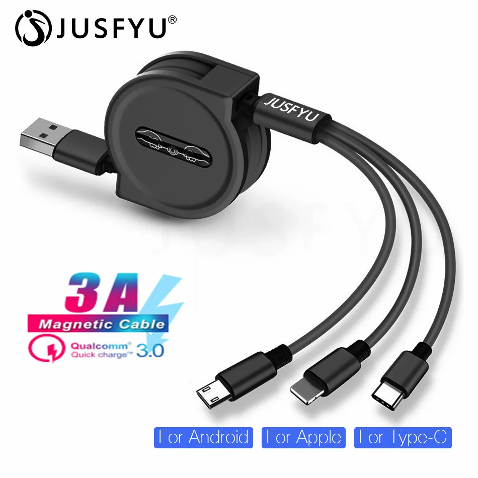 

3 in 1 Retractable Micro USB Type C Charger Cables for iPhone XS 7 Android Data Sync 1.2M 3A Fast Charging Usb C Cable Wire Cord