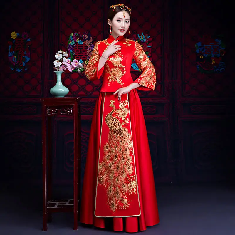 

Red Bride Fall Clothes Vintage Chinese Style Wedding Dress Retro Toast Clothin Embroidery Peacock Gown Marriage Cheongsam Qipao