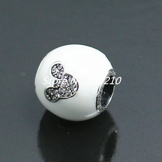 925 Sterling Silver White Enamel I Love Mickey Bead with Clear Cz Fits European Jewelry Charm Bracelets Necklaces Pendants