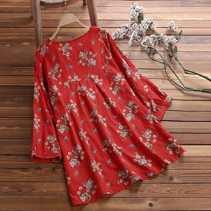 Hot Sale Beautiful Women Blouse Baggy Floral 3/4 Sleeve Shirt Ladies Summer Casual Street Daily Loose Tunic Tops Crew Neck S-5XL