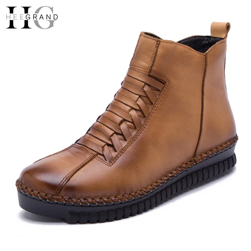 Genuine Leather Platform Women Boots Autumn Winter Ankle Boots Creepers Casual Shoes Woman Slip On Women Flats Shoes XWX4355