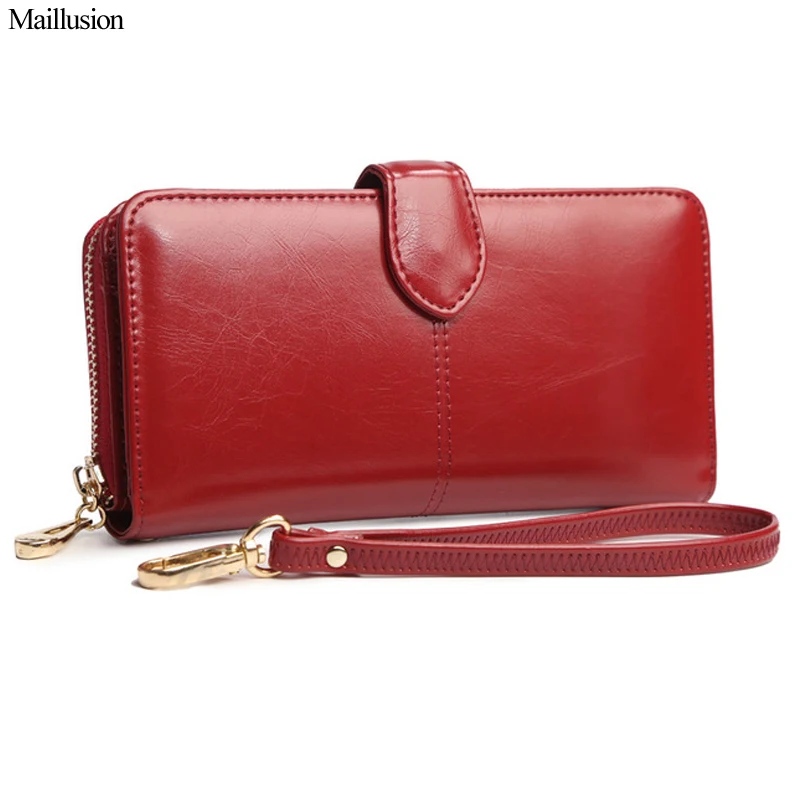 Kopen Maillusion Vrouwen Portefeuilles Olie Wax Leer Mode Hasp Lange Portemonnee Geld Pocket Houders Van Polsbandje Vrouwelijke Portemonnee Clutch Bag