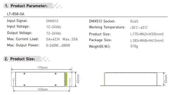 LT-858-5A DMX декодер 4CH CV RGBW полосы использования; DC12-24V в 5A* 4CH Max 20A RJ45 выход 0- яркость различные изменения