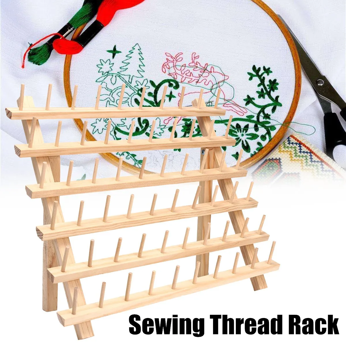 

Wooden 60 Spools Sewing Threads Storage Rack Holder Embroidery Storage Holder Organizer Cones Stand Shelf Needlework Tools