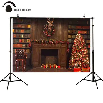 

Allenjoy Christmas photography backdrop fireplace tree bookshelf wreath background decoration for home photophone photocall prop