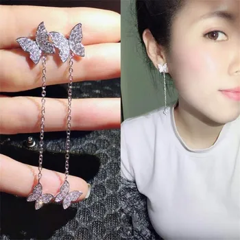 

choucong Fashion Long line Butterfly Drop earring AAAAA cz 925 Sterling silver Engagement Wedding Dangle Earrings for women