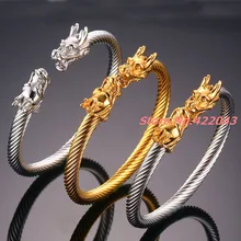 New fashion womens mens 316L stainless steel punk silver gold dragons 6mm clasp twist cable wire open bracelet pulsera jewelry