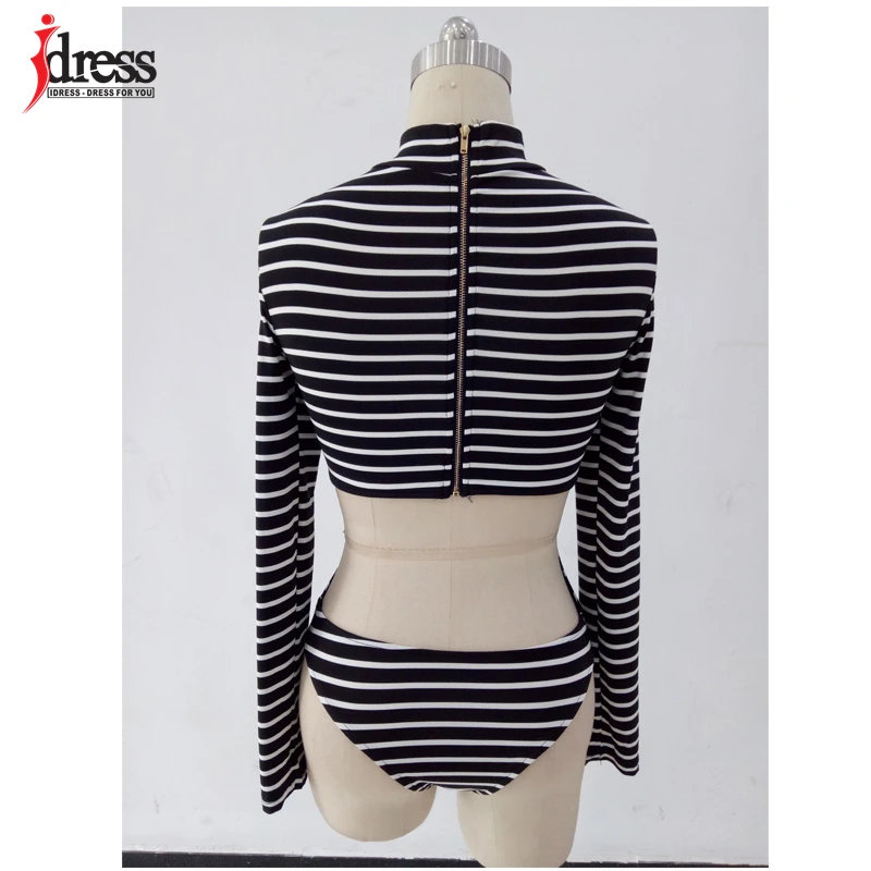 Женский Облегающий комбинезон IDress в полоску с открытой спиной и длинным рукавом