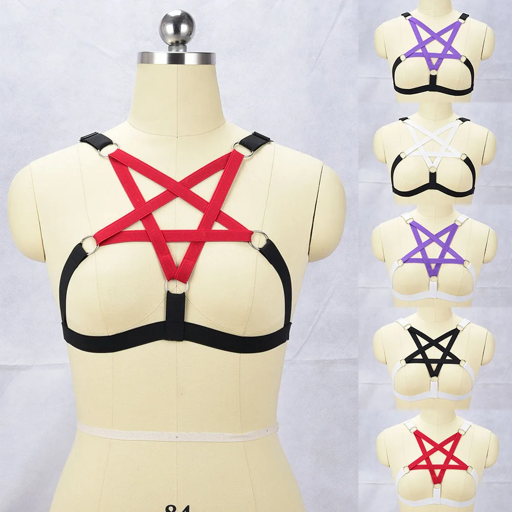 

Women Fetish Pentagram Harness Bra Sexy Bondage Harness Lingerie Harajuku Cupless Bra Punk Body Cage Harness Belt Cosplay Cloth