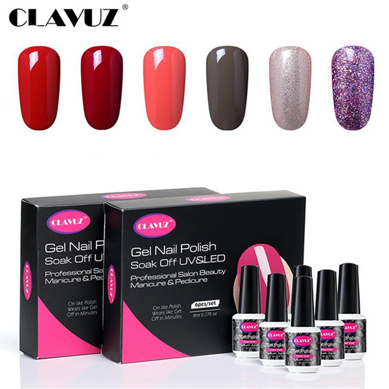 

CLAVUZ 6pcs/Lot 8ml Pure Color Black White Red Nail Gel Polish Set Manicure UV LED Lacquer Starter DIY Nail Art Varnish Sets