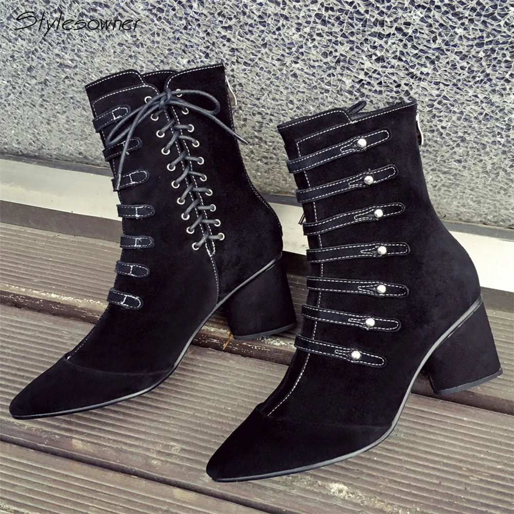 

Stylesowner Brand Fashion Black Cross Tied Ankle Boots Leather Stap Rivets Female Botas 2018 Autumn Winter Sexy High Heel Boots