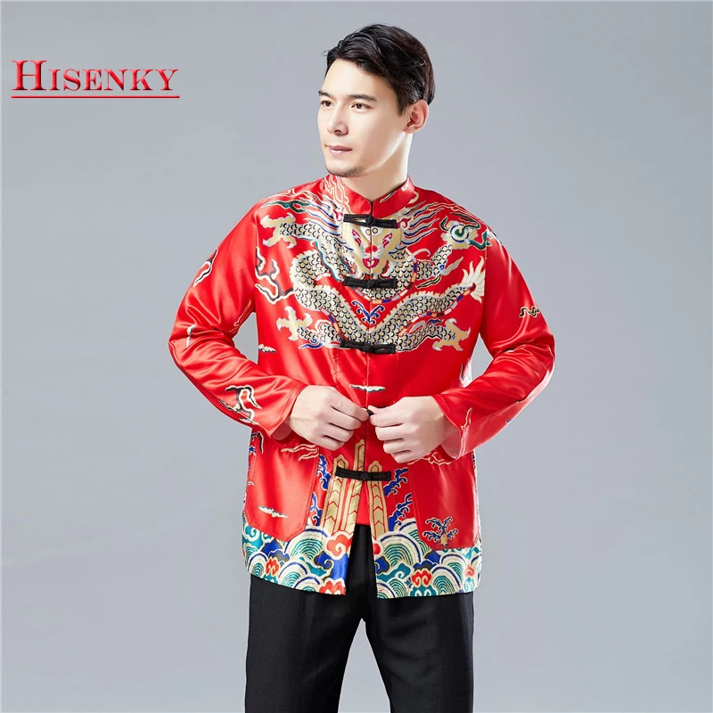 

Hisenky Men Chinese Traditional Clothing Tang Suit Orient Tops 2019 Spring Long Sleeve Dragon Embroidery Shirts Enthnic Costume