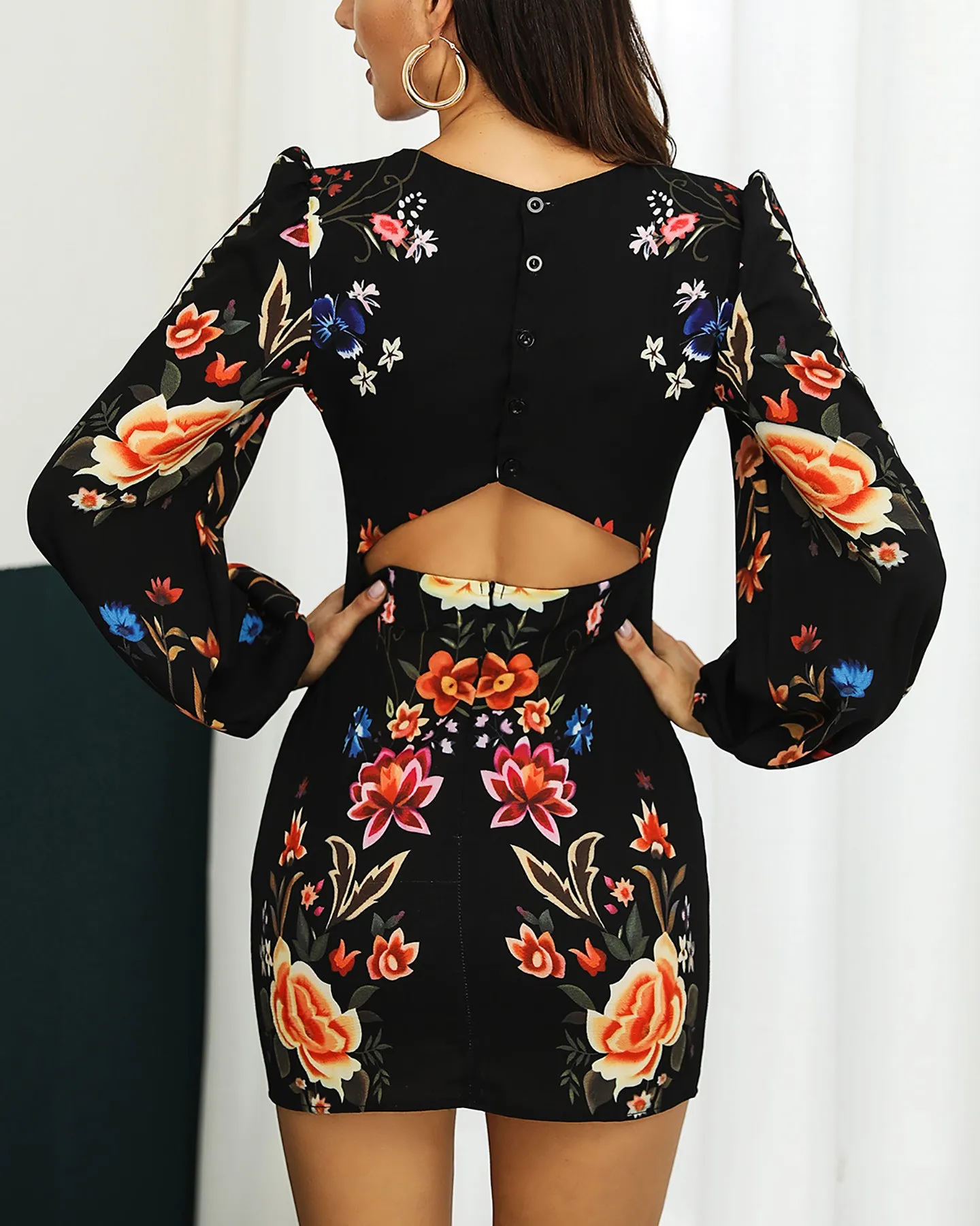 Vestido bodycon feminino, robe manga bishop estampa floral feriado urbano