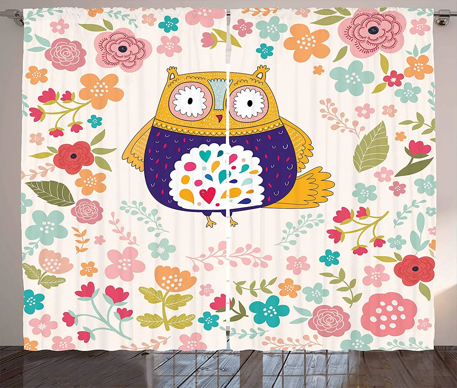 

Owl Curtains Colorful Bird and Blooming Flowers Ornamental Doodles with Vintage Design Inspirations Living Room Bedroom Window
