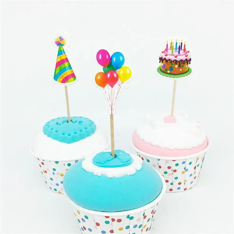 

18pcs Balloon Hat Cupcake Toppers Picks Cartoon Theme Party Decorations Baby Shower Kids Birthday Party Favors
