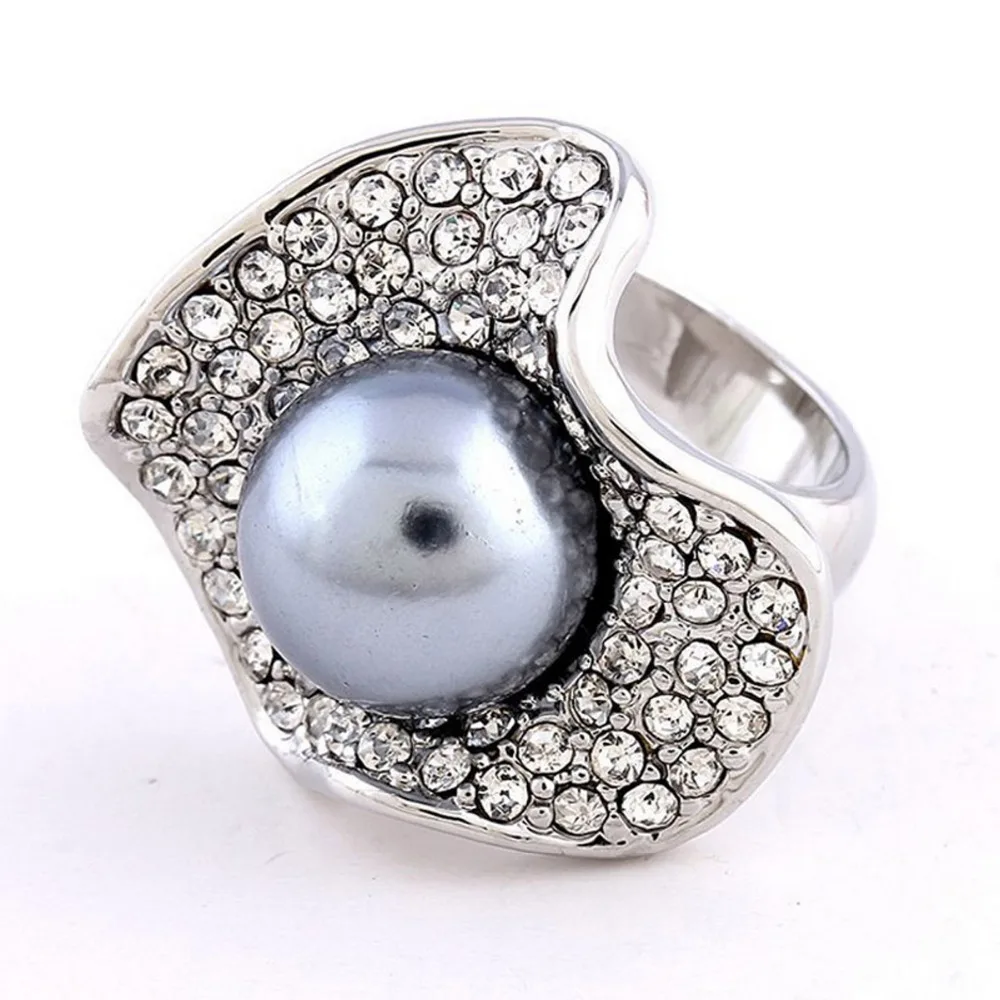 Fully Inlaid Rhinestone Jewelry Grey Round Simulated Pearl Ring Fashion