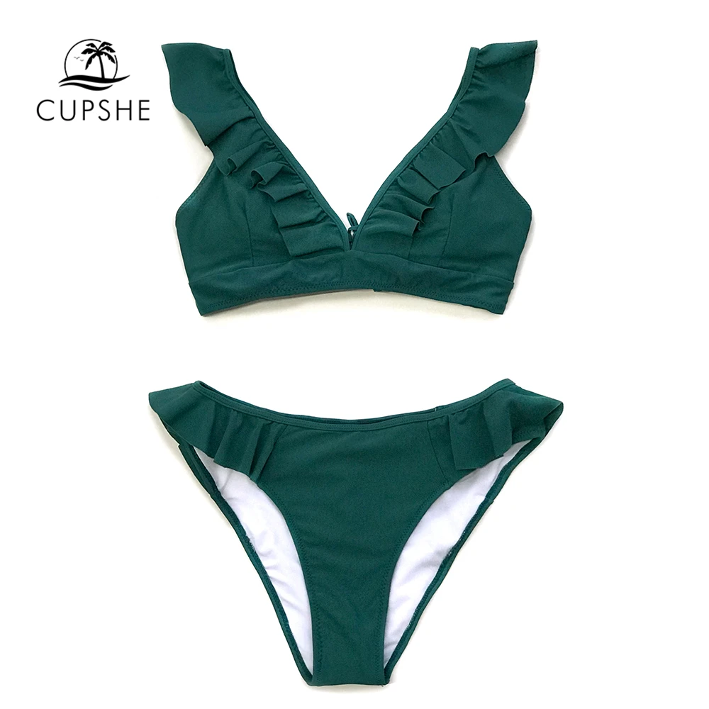 Cupshe Solid Green Ruffled Bikini Sets Women Lace Up Cute Two Pieces Swimsuits 2019 Girl Beach