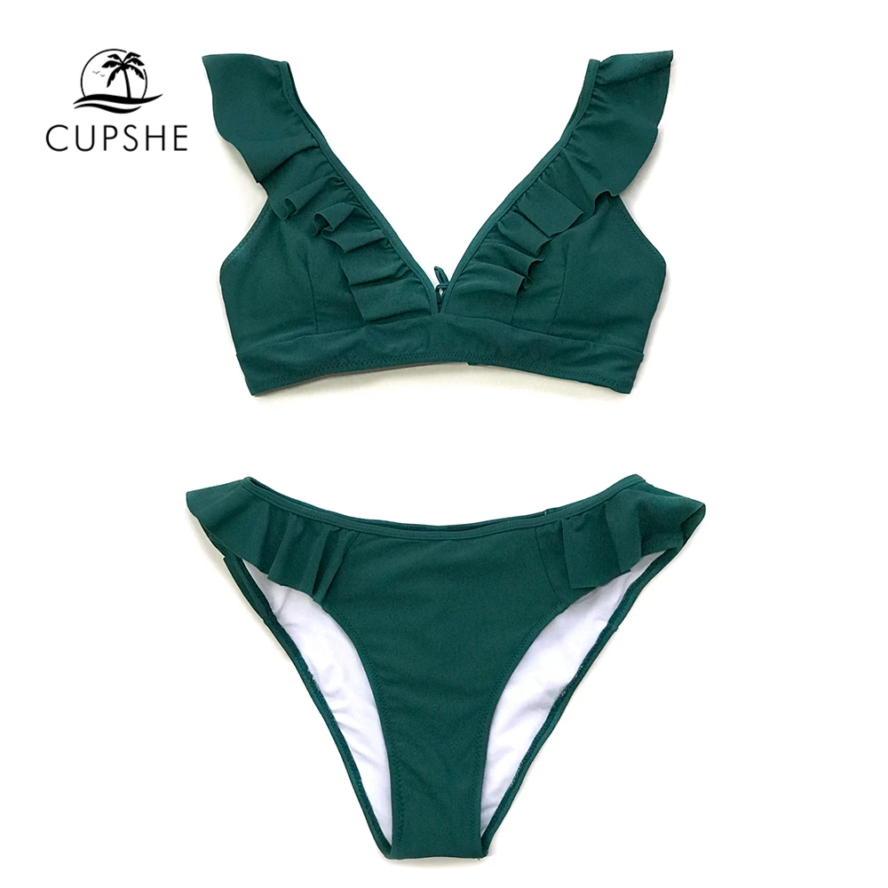 Günstig CUPSHE Solide Grün Gekräuselte Bikini Sets Frauen Spitze up Nette Zwei Stück Badeanzüge 2020 Mädchen Strand Badeanzüge Bademode