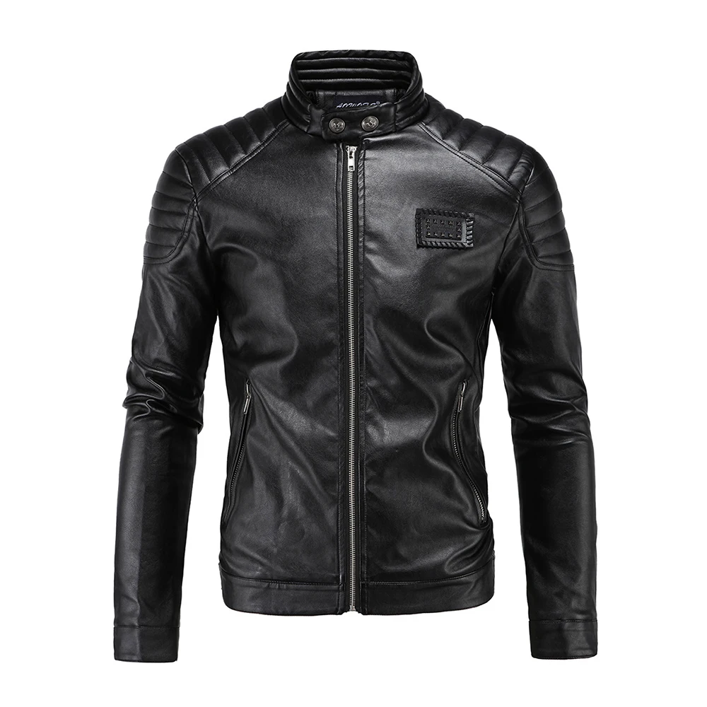 2018 Men Leather Jackets Jackets and Coats Slim Fit Stand Collar Vintage Fashion Black Motorcycle Leather Jackets Coats