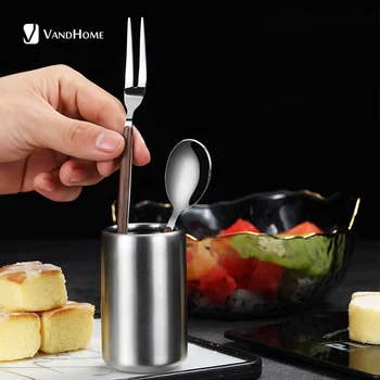 

VandHome 304 Stainless Steel Tableware Plastic Handle Fruit Fork Dessert Spoon Set With Cutlery Container Kitchen Dinner Set