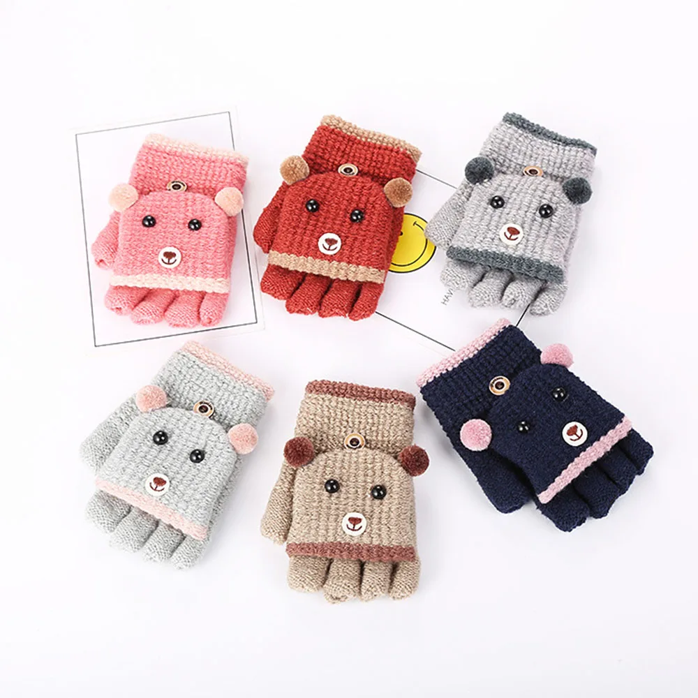 

New 4-10 Years Old Cute Bear Cartoon Kid Gloves Winter Knit Wool Newborn Mittens Thick Children's Kids Keep Finger Warm