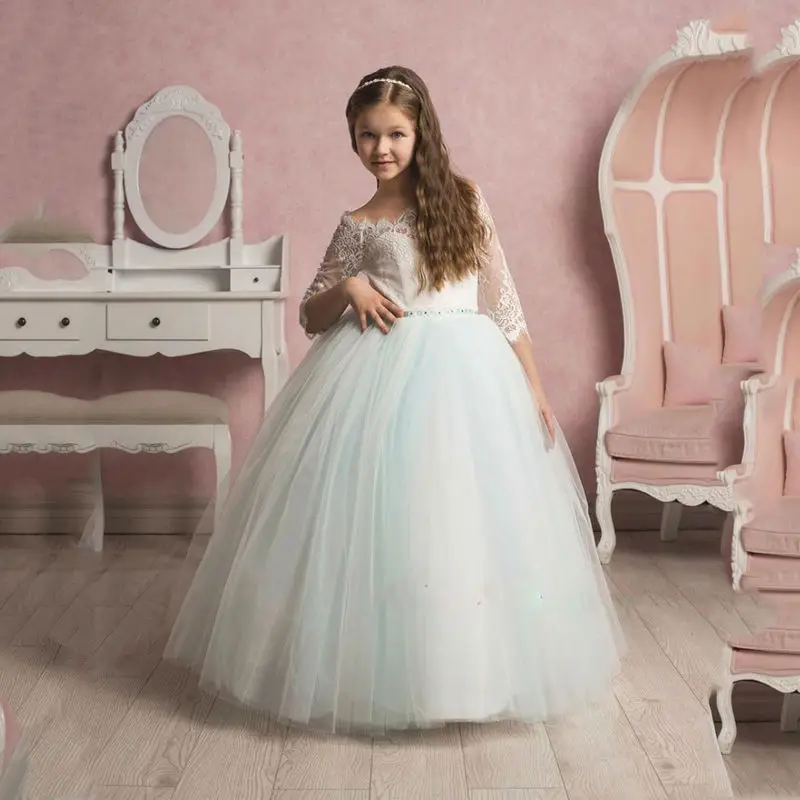 

Flower Girl Dresses New Hot Lace Three Quarter Sleeve Ball Gown Sexy Off Shoulder First Communion Dresses For Girls Custom Made