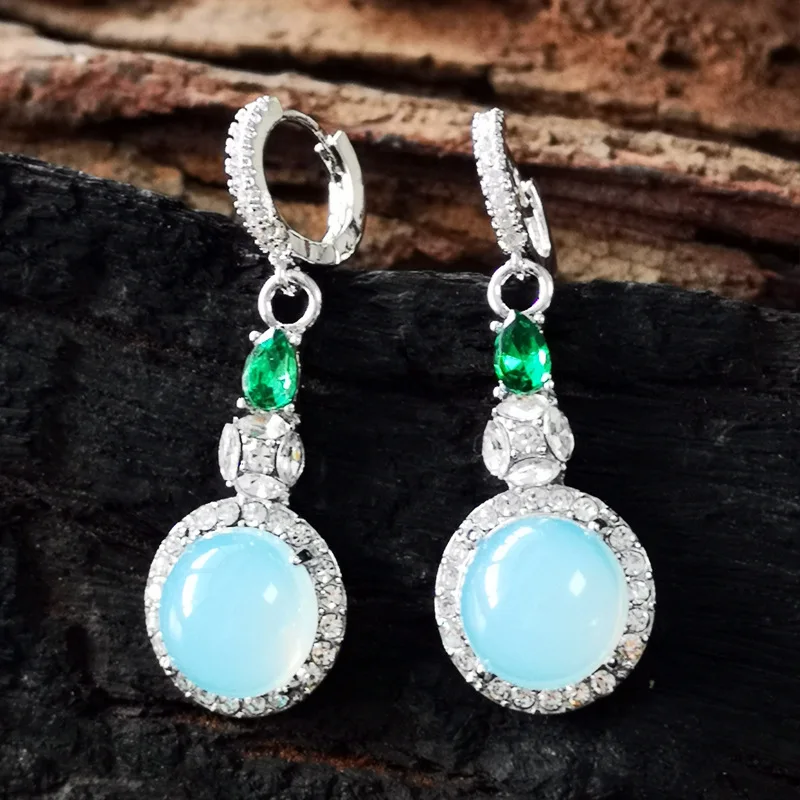 

Hot Opal Inlay Zircon Luxury Fashion Drop Dangle Ear Clip Earrings for Female