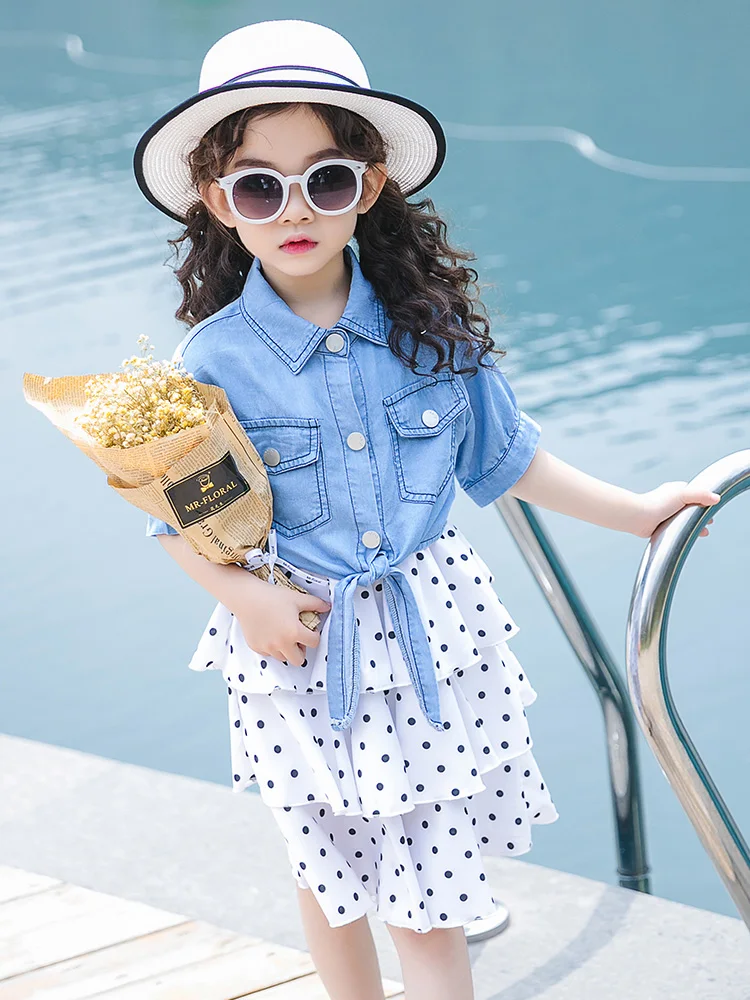 

Girls Sets 2019 Summer Teenage Girls Clothing Fashion Teenagers Suit Children Clothes Set Denim Blouses Shirts Tops + Dot Skirts