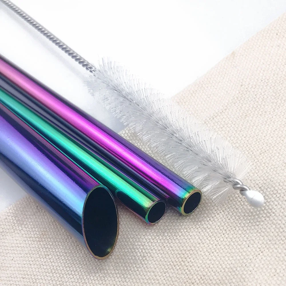 5pcs Reusable 304 Stainless Steel Rainbow Straw Metal Smoothies Drinking Straight Straws Silicone Cover with Brush Bag Wholesale