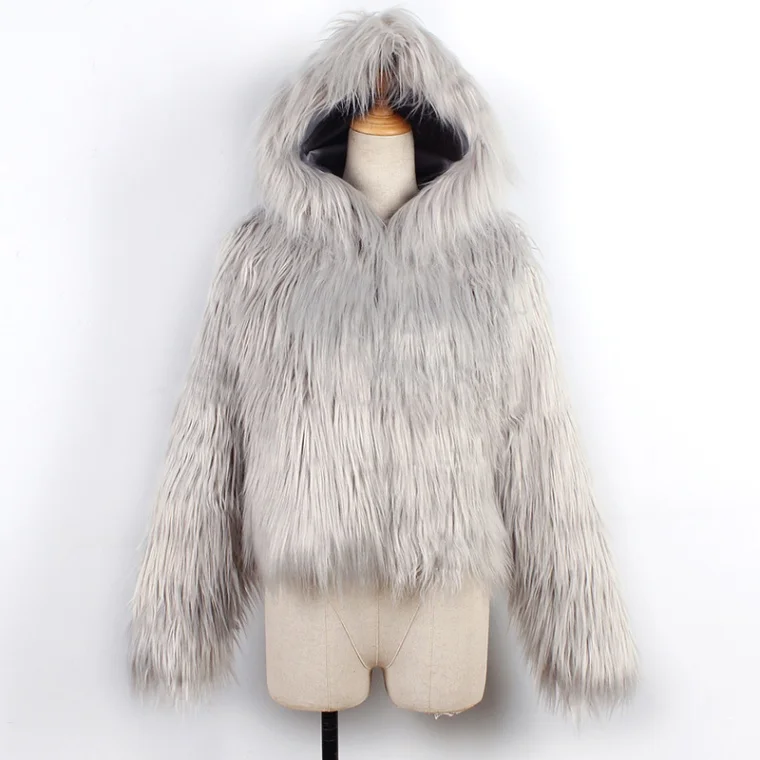 Модное женское зимнее пальто из искусственного меха с капюшоном, пушистая Меховая куртка с длинным рукавом, вечерние уличные куртки, верхняя одежда, manteau femme hiver - Цвет: Серый