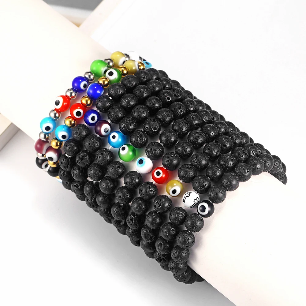 New 8MM Natural Black Volcanic Lava Stone  Beads Bracelet Colored eyes Beads Bracelet for Women Men Wear Jewelry Gift2