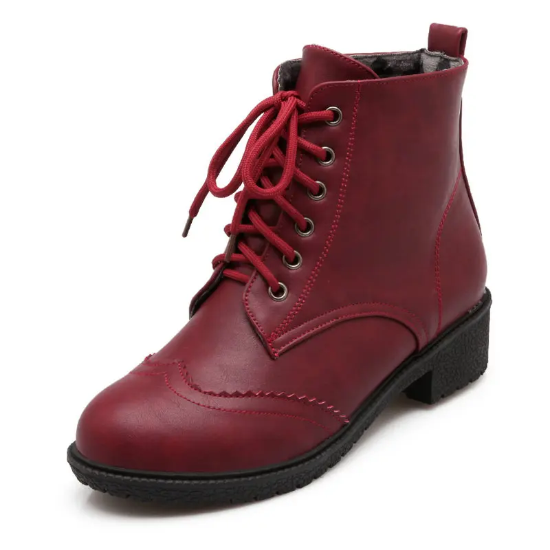 

Red New Autumn Winter Shoes Woman Lace Up Round Toe PU leather Med Heel Retro Ankle Boots Solid Fashion Ladies Shoes Size 34-39