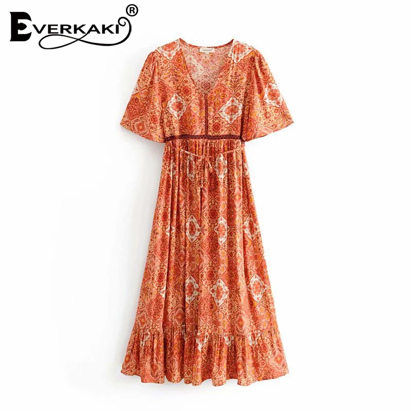 Everkaki богемный цветочный принт женское длинное платье Vestidos с v образным вырезом