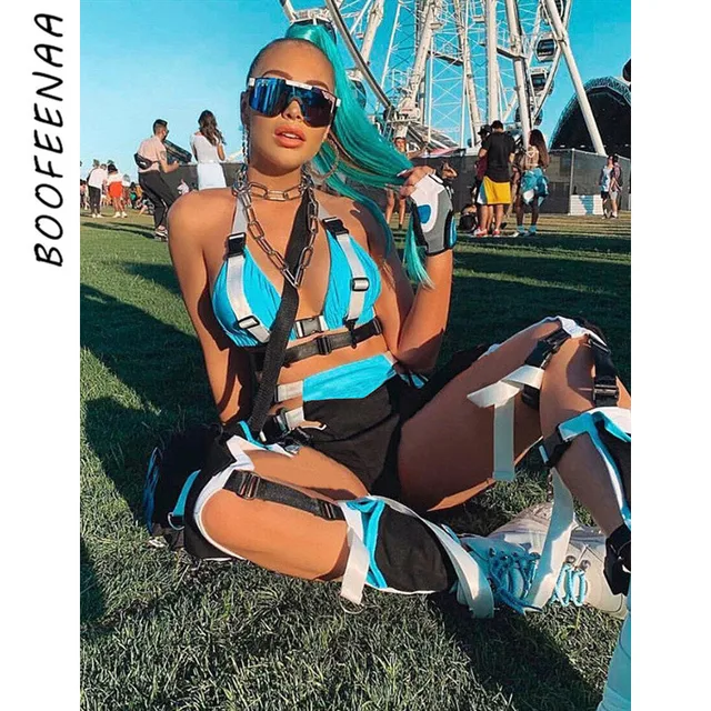US $15.92 BOOFEENAA Sexy Two Piece Set Summer 2pcs Short Set Crop Top Biker Shorts Matching Sets Festival Clo