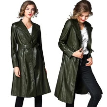 Khaki PU Leather Trench Coat Women Autumn Winter Black Coat Long Sleeve Single Breasted Long Belt Trench Coat Windbreaker New khaki trench coat with self tie belt