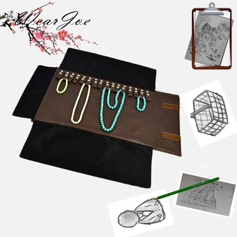 

Brown PU Leather Jewellery Carrying Traval Roll Bag Necklace Pendant Chain Storage Pouch Portable Organizer Packge Case 16 Hooks