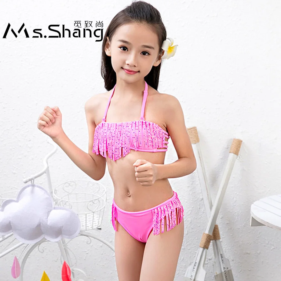 

Ms.Shang 7-16 Years Children Swimwear Girls Child Swimsuit Bikini Set Baby Kids Biquini 2019 Girl Swim Wear Bathing Suit Tassels