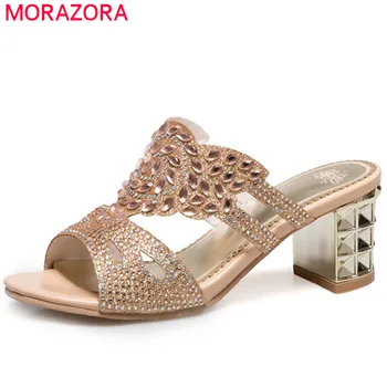 

MORAZORA 2020 hot sale women sandals peep toe crystal summer shoes elegant fashion party shoes square high heels mules shoes