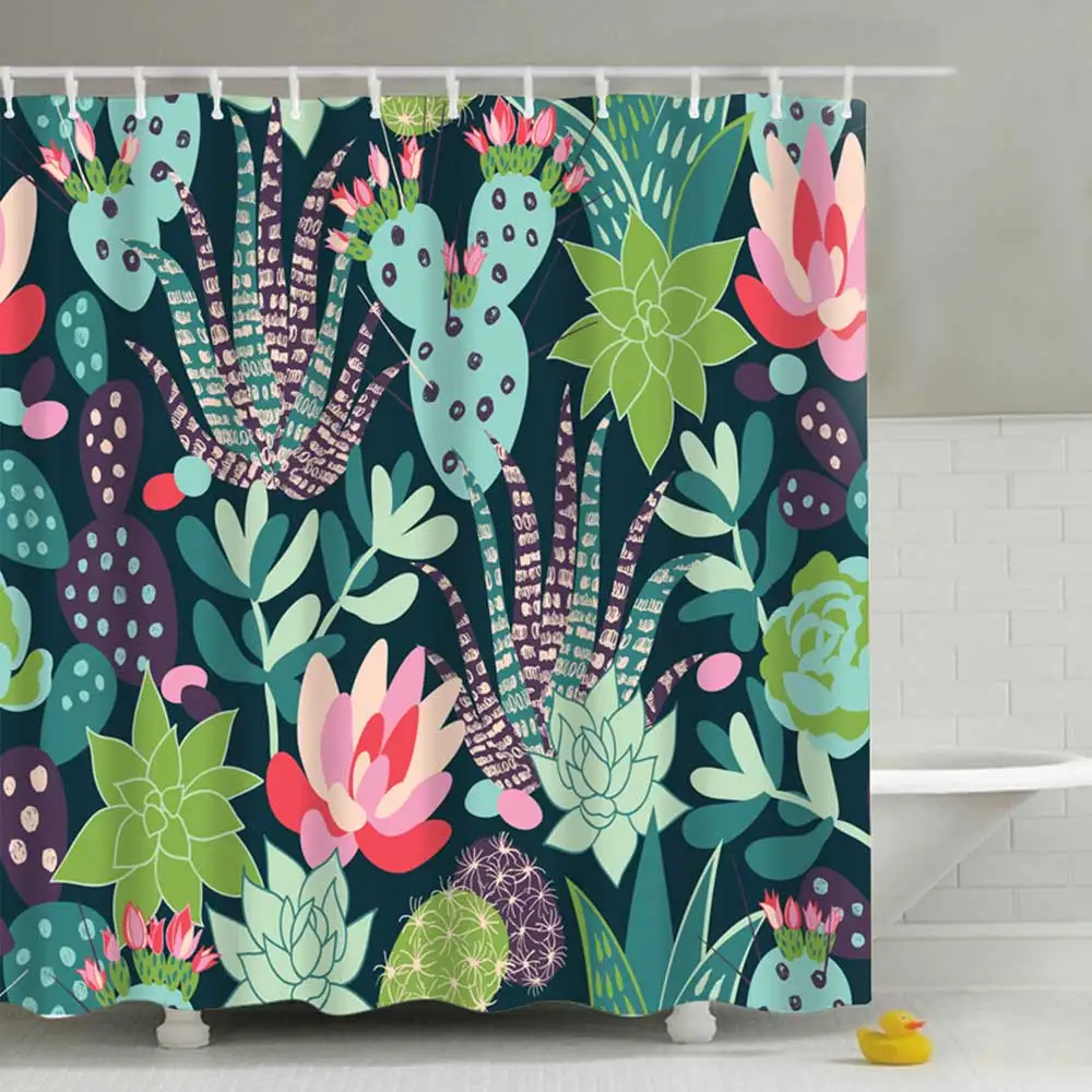 

180*180cm Waterproof Shower Curtain For Bathroom Bathtub Curtains Polyester Green Curtain Tropical Plants Cactus Print