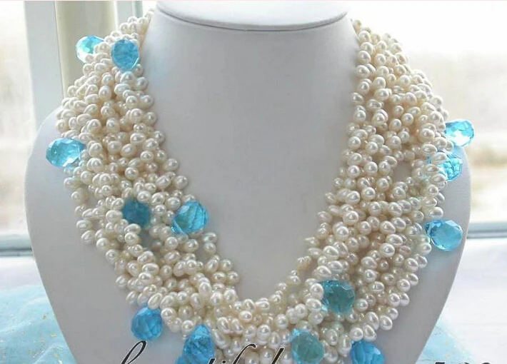 

>>>>Z3081 Excellent 10row 8mm white pearl blue crystal drip necklace