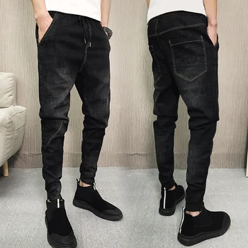

2018 autumn new jeans elastic waist social spirit guys Slim feet British wind fast hand red people trend casual pants