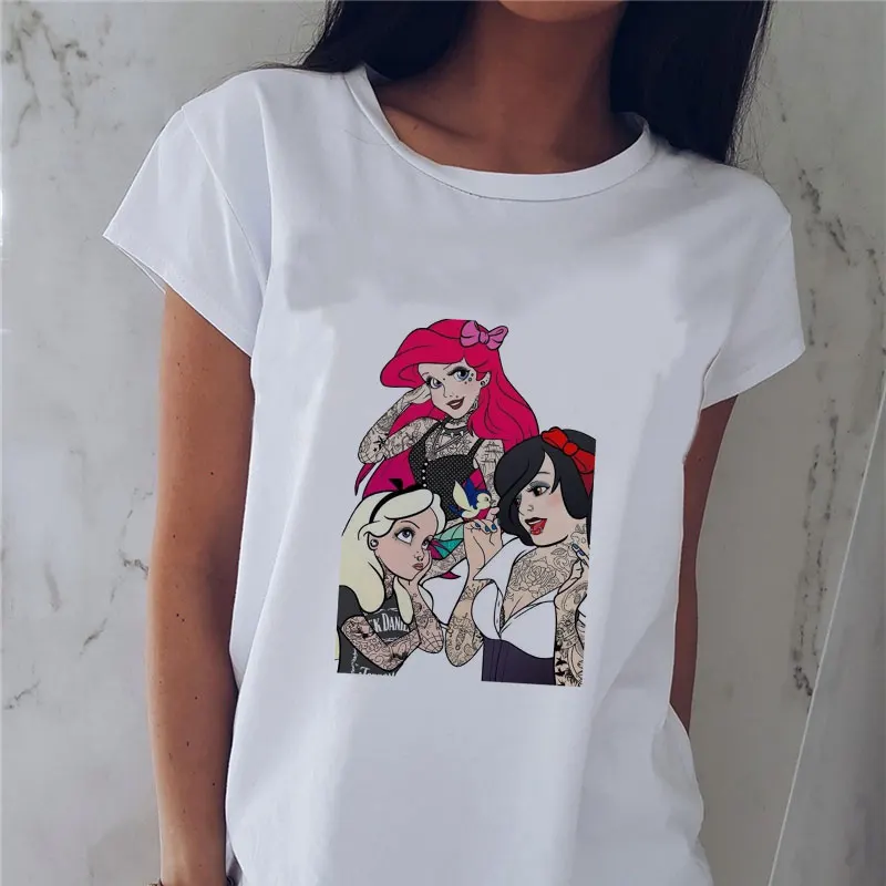 

2019 Vogue T Shirt Women Punk Tattoo Princess Printed Funny T Shirts Women Summer Fashion White Cool Short Sleeve Tee Shirt Tops
